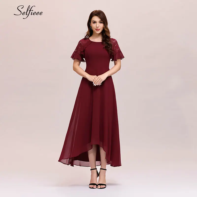 Elegant Summer Dress Chiffon Stitching Lace Ruffled Short Sleeves A-line Asymmetrical Hem Office Maxi Dresses For Women 2021