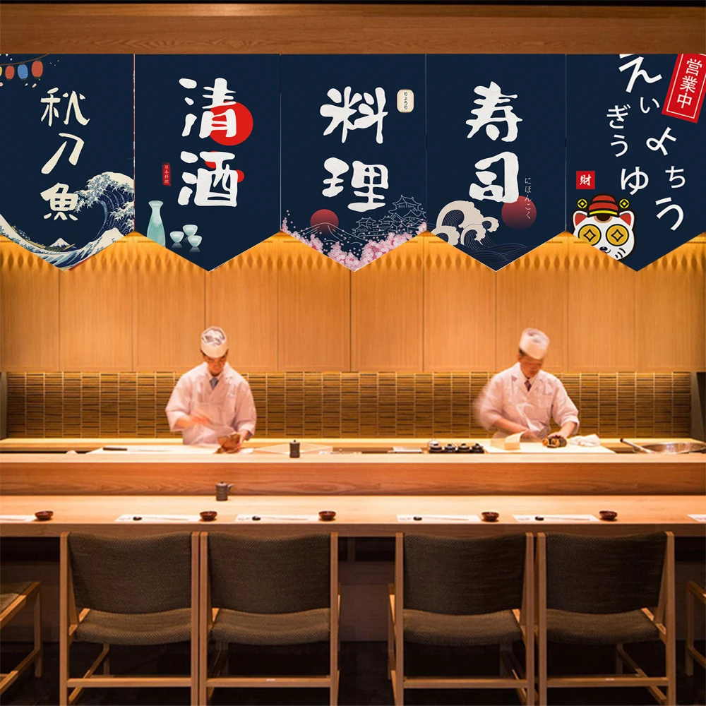 

Japanese Style Sushi Shop Decorative Curtain Linen Fabric Half Hanging Short Triangle Curtain For Kitchen Restaurant Customized