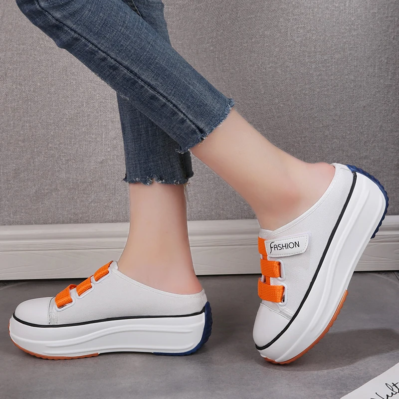 

Mules Shoes Elegant Black White Canvas Platform Wedge Slippers Women Leisure Stealth Increase Slippers Closed Toe Sandal Loafers