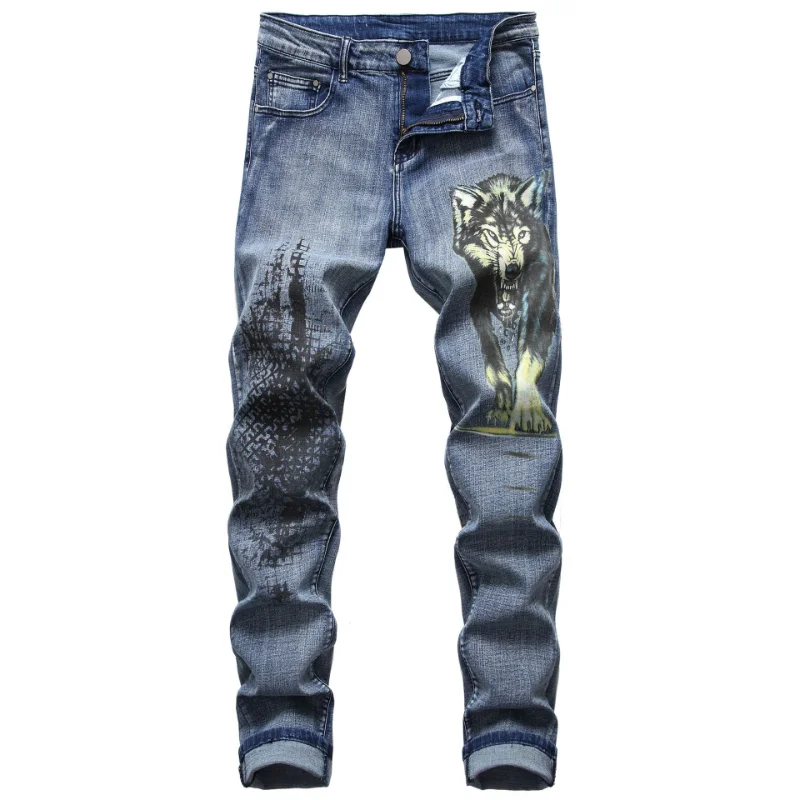 

2021 Stylish Wolf Head Pattern Print Retro Washed Men Stretch Jeans Trousers Hip Hop Slim Pencil Denim Pants For Teens Spodnie