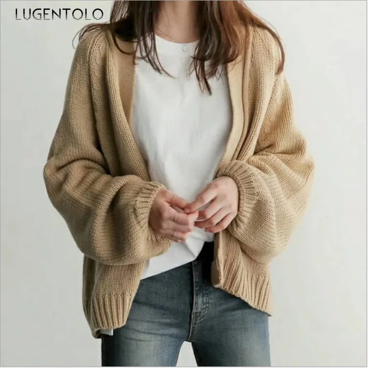 Lugentolo женский свитер осень простой вязаный короткий участок Хан Вентилятор куртка свободный плотый вязаный кардиган свитер