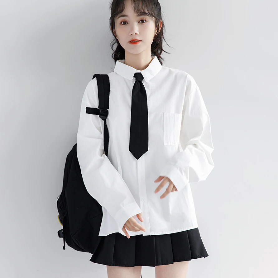

New Women Blouses Shirt Long Sleeve Solid White Tops 39 Colors With Tie Bow Japanese Korean JK Style Female Shirts Lapel