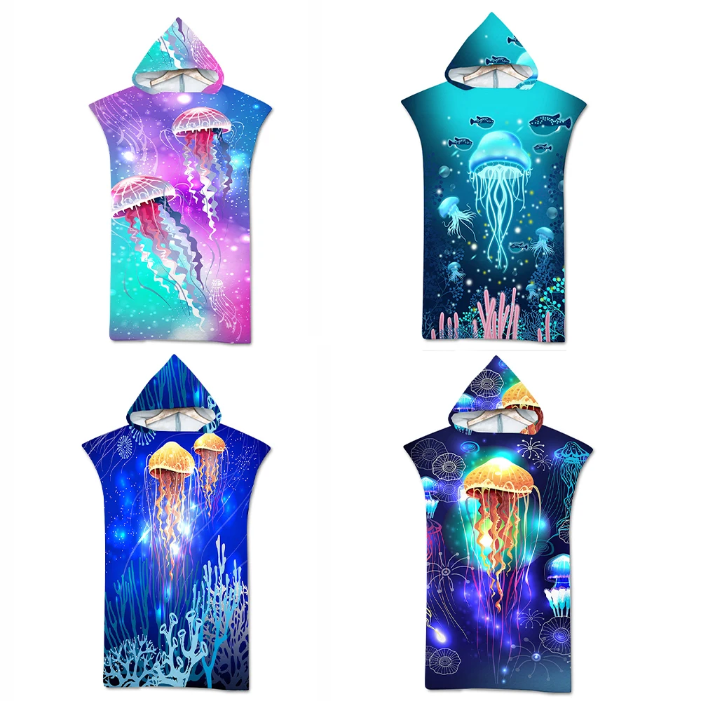 

Adult Children Customizable Jellyfish Marine Life Microfiber Hooded Quick Dry Beach Towel Vacation Surf Cloak Swimming Robe