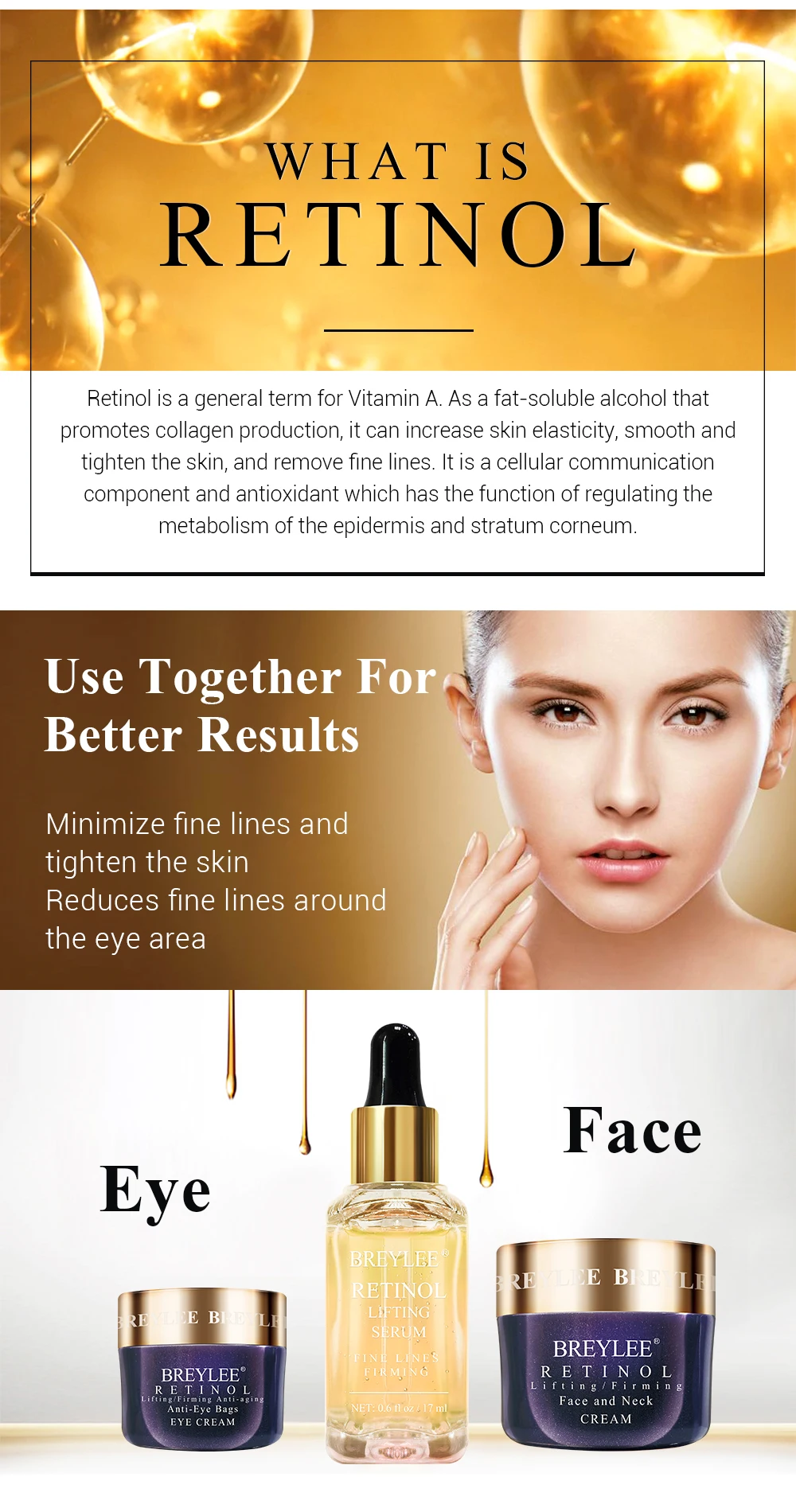 Breylee Retinol крем для лица крем от морщин набор для ухода за кожей с омолаживающим эффектом Сыворотка для лица крем для глаз удаляет мелкую линию морщин затягивает увлажнение
