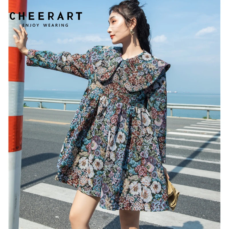 

CHEERART Jacquard Peter Pan Collar Vintage Long Sleeve Dress Women Floral A Line Knee Length Kawaii Cute Dress Autumn Clothing