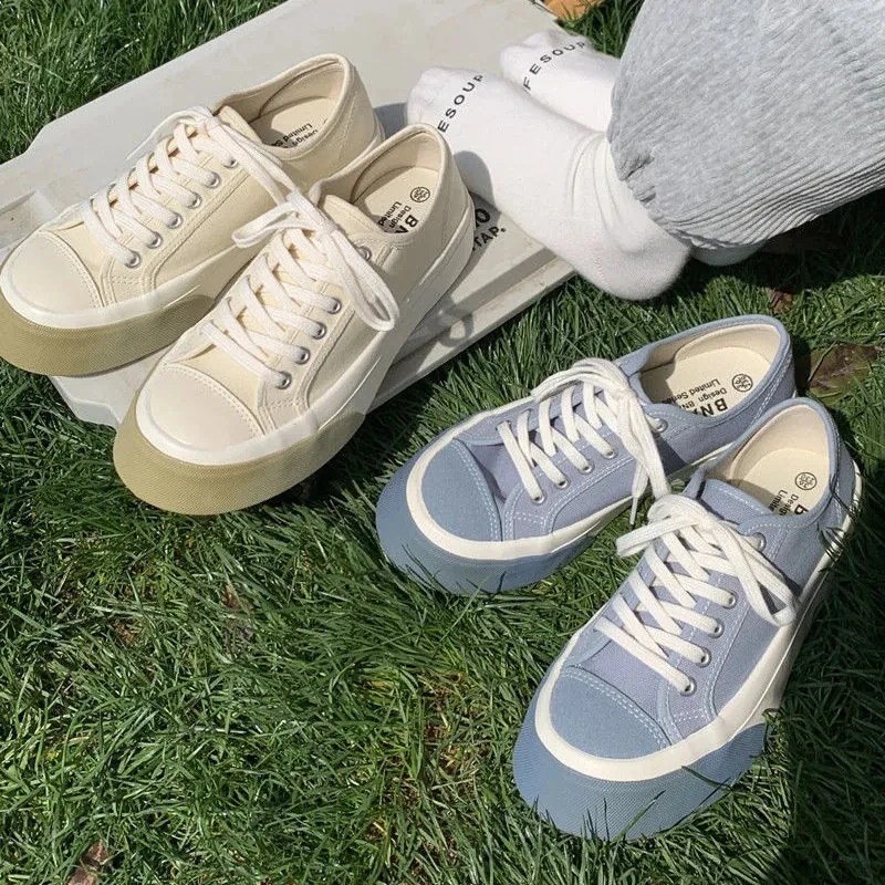 

Women Solid Color Platform Height Increase Canvas Shoes Summer Low-cut Breathable Big Toe Shoes Lace-up Ladies Vulcanized Shoes