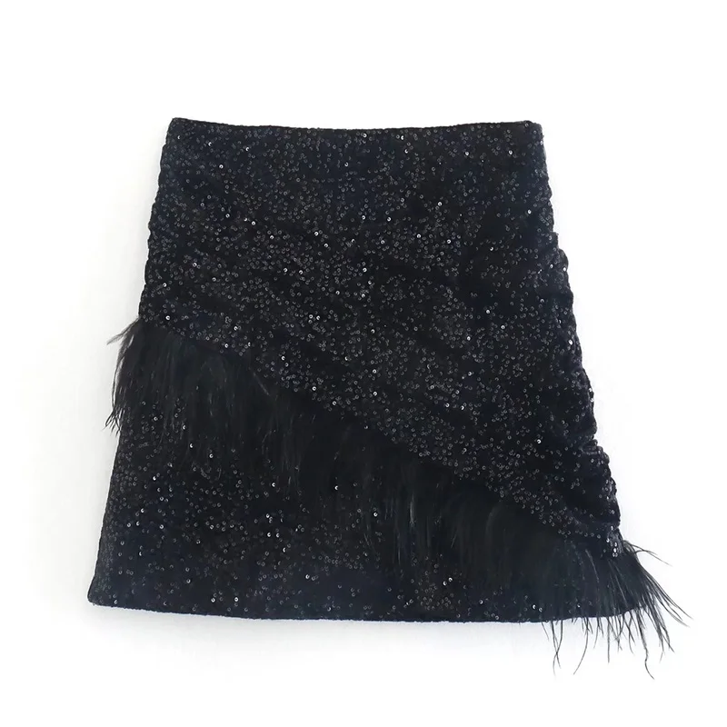 

ZXQJ Women 2022 Fashion Sexy Shiny Sequined Elegant Party Mini Skirt Vintage High Waist Feathers Decorate Side Zipper Skirts