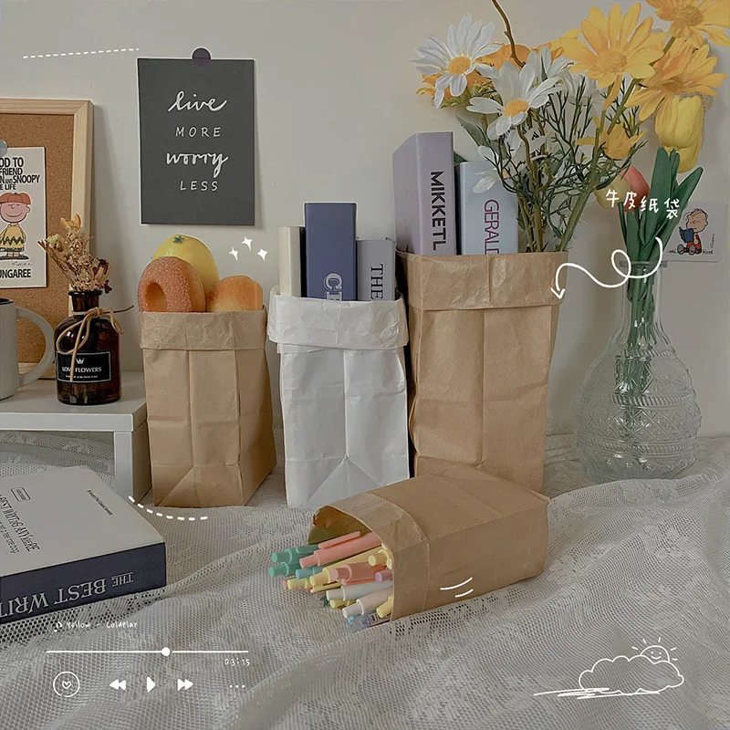 

ins style food grade packaging bag retro washable kraft paper storage bag cosmetic desktop storage stationery storage bag