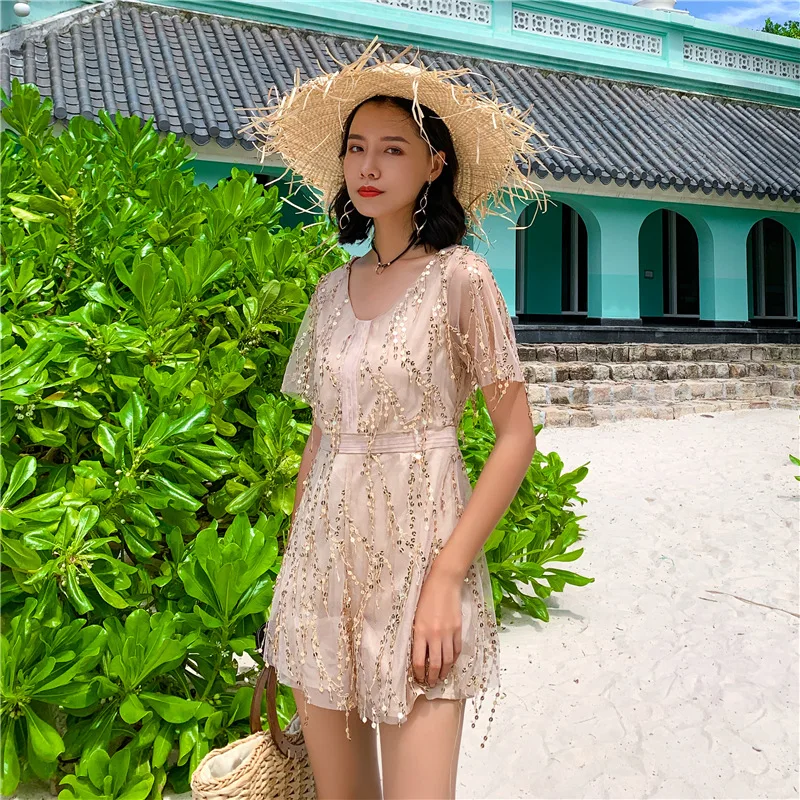 

Women O Neck High Waist Sequined Mesh Patchwork Shiny Playsuit Short Sleeve Retro Elegant Beach Style Holiday Ladies Dresses