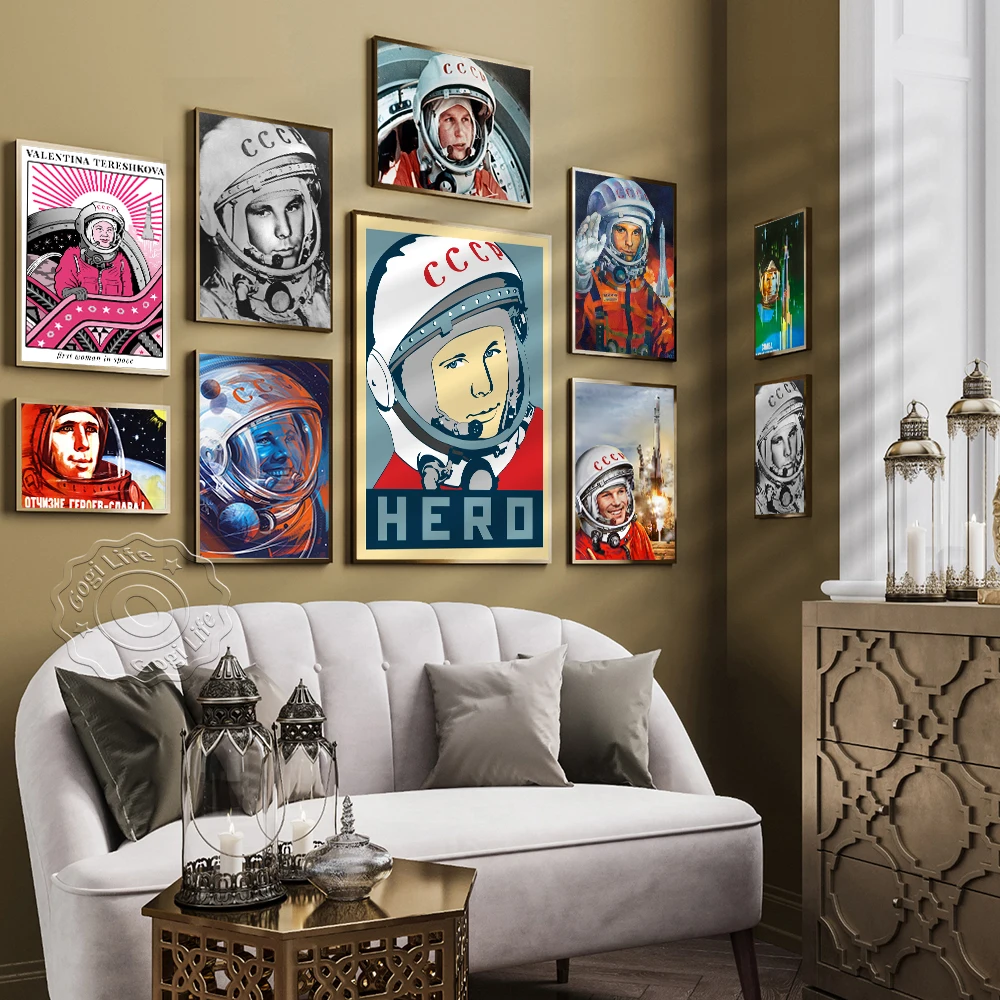 

Space Heroes Yuri Gagarin Retro Canvas Painting Poster, Astronaut Rocket Vintage Art Prints, Kids Room Home Decor Wall Picture