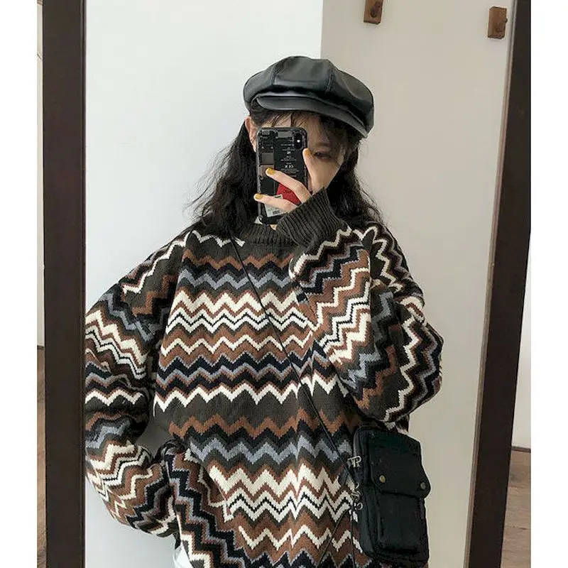 

striped printed retro o-neck sweaters women pullover knitwear sweater autumn clothes sweet cute winter plus size clothing tops