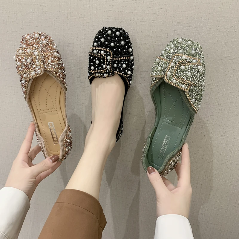 

Black Bowknot Flat Heels Loafers Women's Pearl Sandals Fashion Slides Shoes Size 43 44 Girls Square Toe Slip-on Sandals Wide Fit