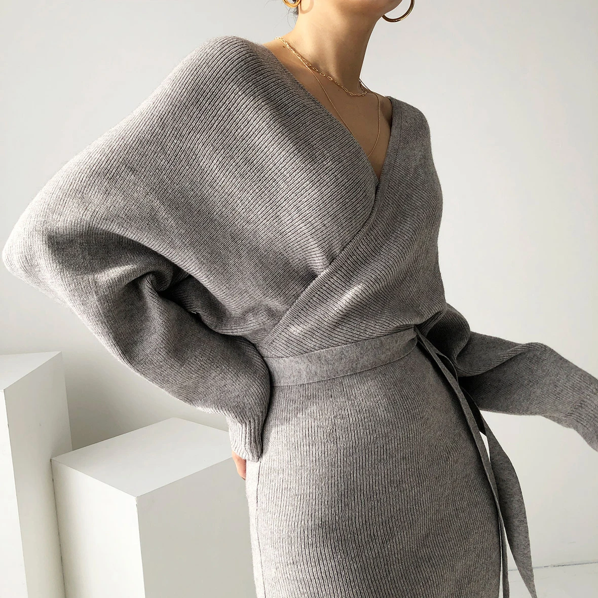 

Loose Grey V Neck Split Belt Woman Korean 2021 Knitted Sweater Dress Women Autumn Warm Dresses Winter Solid Casual Thick Vestido