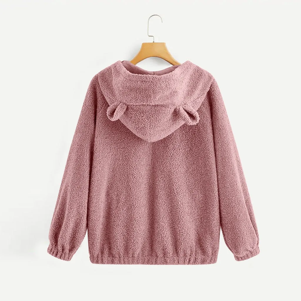 Женские теплые толстовки Тедди свитшот с капюшоном медвежьими ушками однотонное