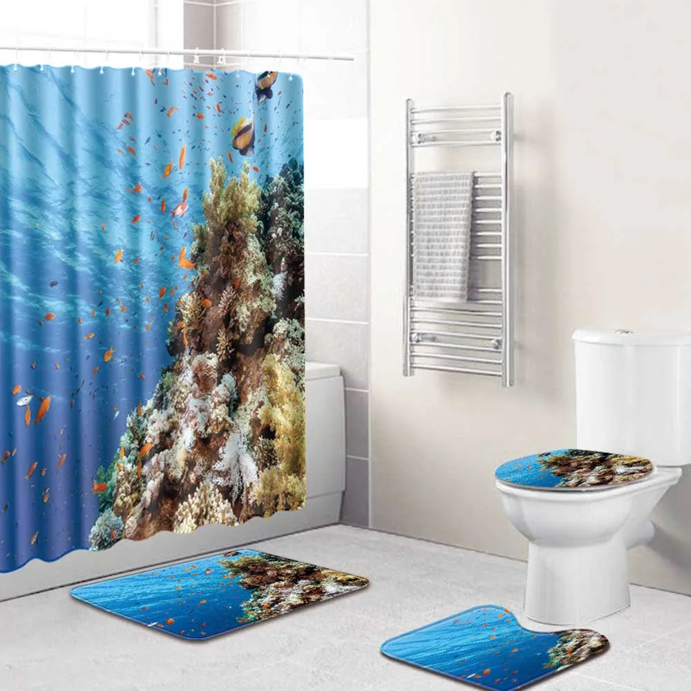 Океанский Коралл душевые наборы занавесок Нескользящие ковры Крышка для унитаза