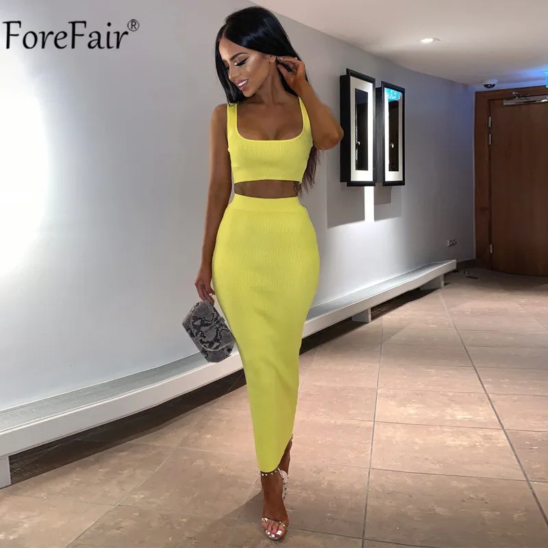 ForeFair, комплект из двух предметов, женское летнее вечернее платье на бретелях, неоновое, без рукавов, миди, сексуальное Клубное облегающее платье