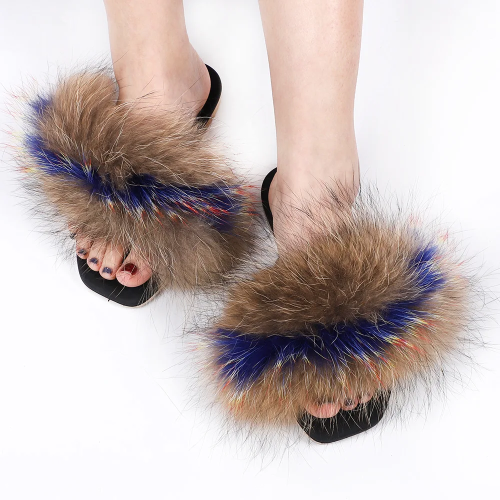 

European and American Matching Real Fox Fur ShoesWomen's Summer Outing Herringbone Beach Slippers