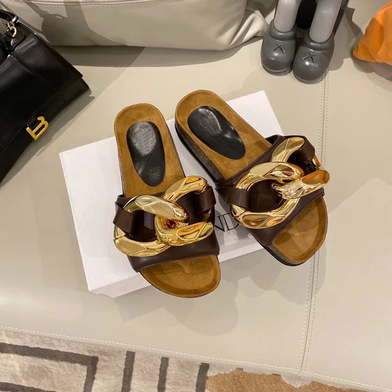 

Fashion Casual Shoes Women Runway Half Slippers Flip-flops Women Slippers Metal Chain Leather Flat Mules Slippers Women Mujer