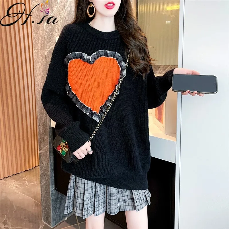 

Женский Длинный свитер Hsa, черный трикотажный свитер с кружевным сердечком, в Корейском стиле, 2021