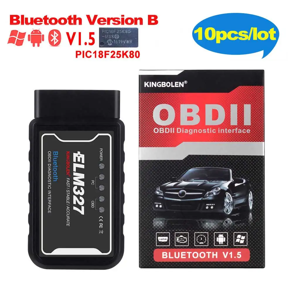 10 шт./лот ELM327 V1.5 Bluetooth/Wi-Fi чип PIC18F25K80 OBD2 сканер ELM 327 V1.5 OBDII автоматический диагностический инструмент для автомобиля 12 В - Цвет: Bluetooth Version B