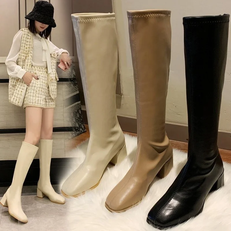 

Women's high boots children's 2021 new spring and autumn but the knee-back zipper thick heel square toe boots women
