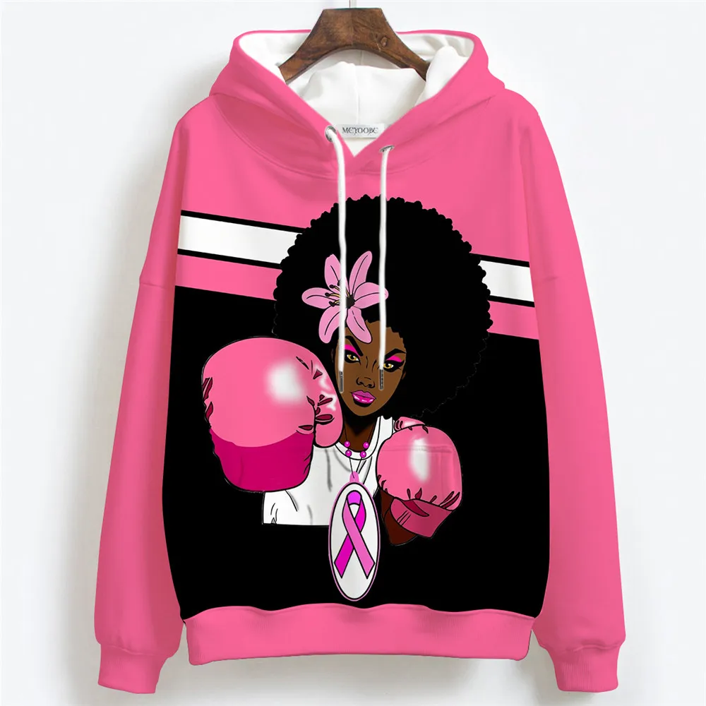 2021 Beautiful Afro Lady Breast Cancer Awareness 3D Print Hoodies Black Girl Hooded Sweatshirt Women Pullovers Hoodies Drop Ship