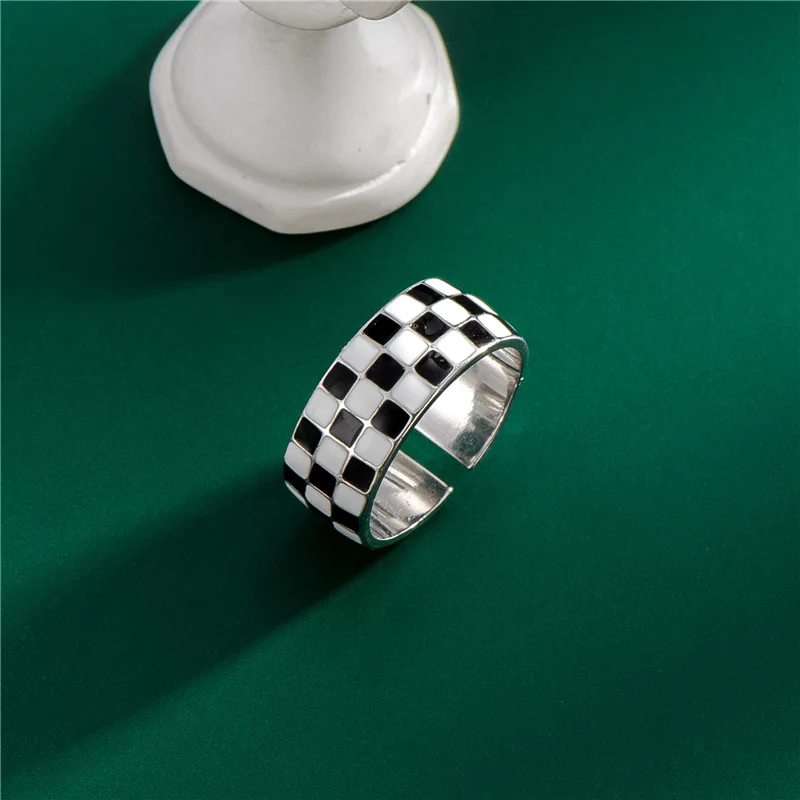 

High Quality Fashion 925 Sterling Silver Wide Checkboard Open Rings Jewelry