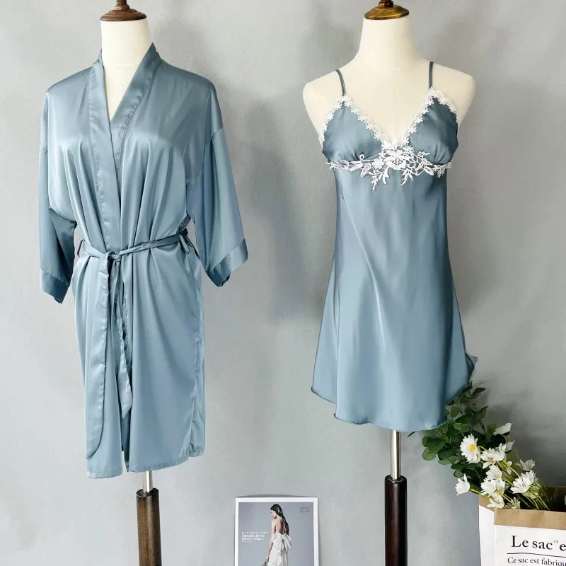 

Sexy Nighty&Robe Set Women Silk Satin Sleepwear Nightgown Loose Casual Kimono Bath Gown Nightshirt Female Home Dress Lingerie