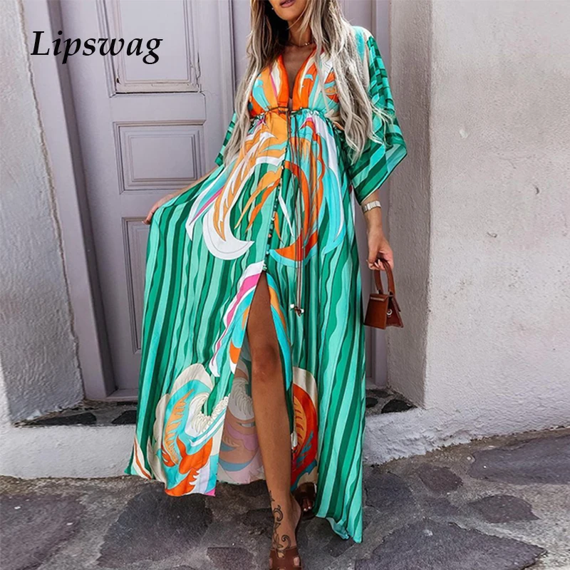 

Spring Summer Women Elegant Floral Printing Beach Dresses 2021 Fashion Loose V-Neck Maxi Dress Vintage Ladies Split Long Dress