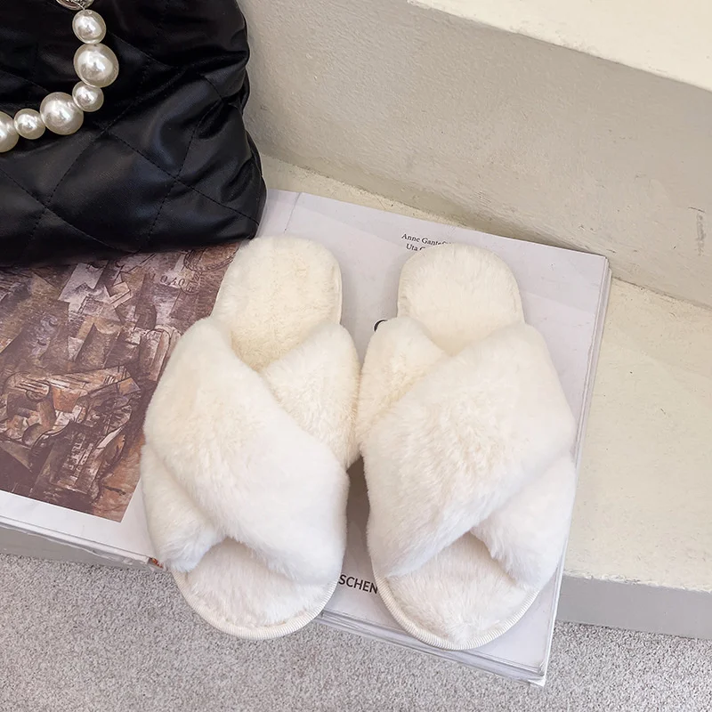 

Winter New Women Soft Plush Furry Cross Band 3cm Heel Fur Shoes Indoor Ladies Platform Open Toe Fluffy House Slippers
