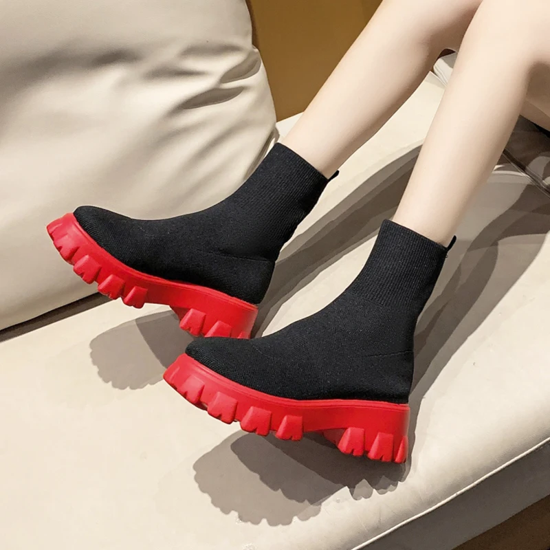 

2021 Autumn Winter New Slip-On Socks Shoes Women platform Casual Large Size Knitted Short Boots Women Ankle Boots botas de mujer