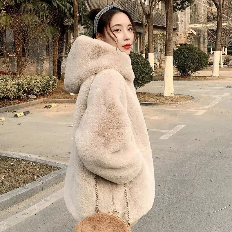 Wool Fur Coat Women's Long Winter Cocoon Zipper Imitation Rabbit Fur Hooded Coat Loose