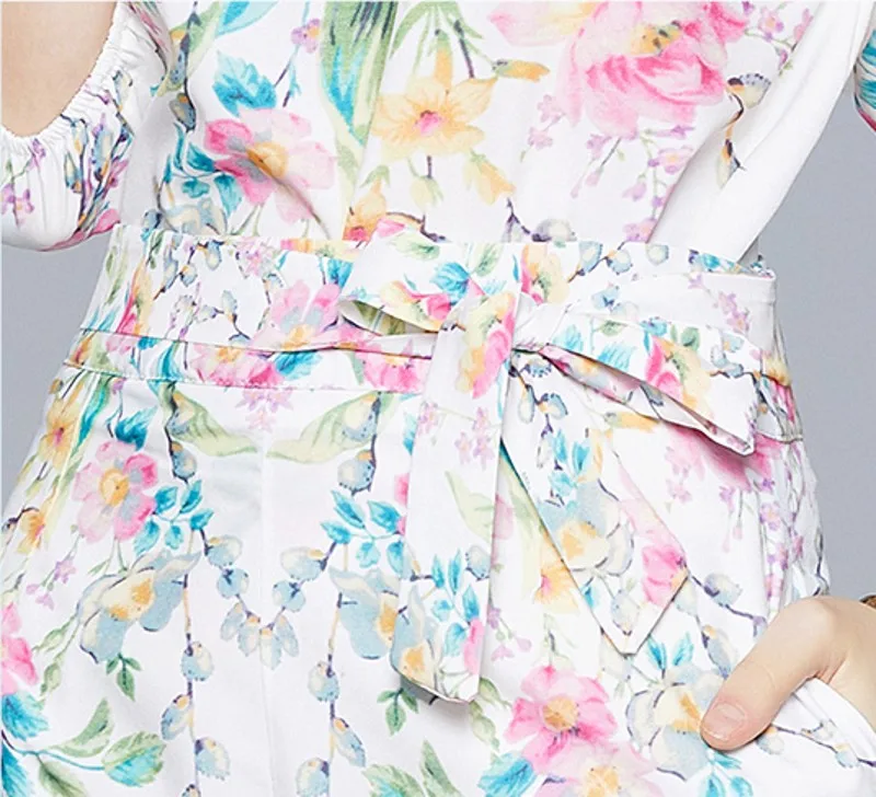 

summer fashion women 2 Piece Sets Flower Print Vintage Outfits O-Neck Puff Sleeve Shirts Top + Bow wide leg shorts sets