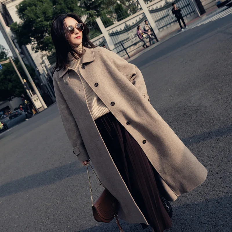 

Single Breasted Turn-down Collar Coat And Jacket England Style Sashes Women Long Cashmer Coat Loose Solid Women's Woolen Jacket