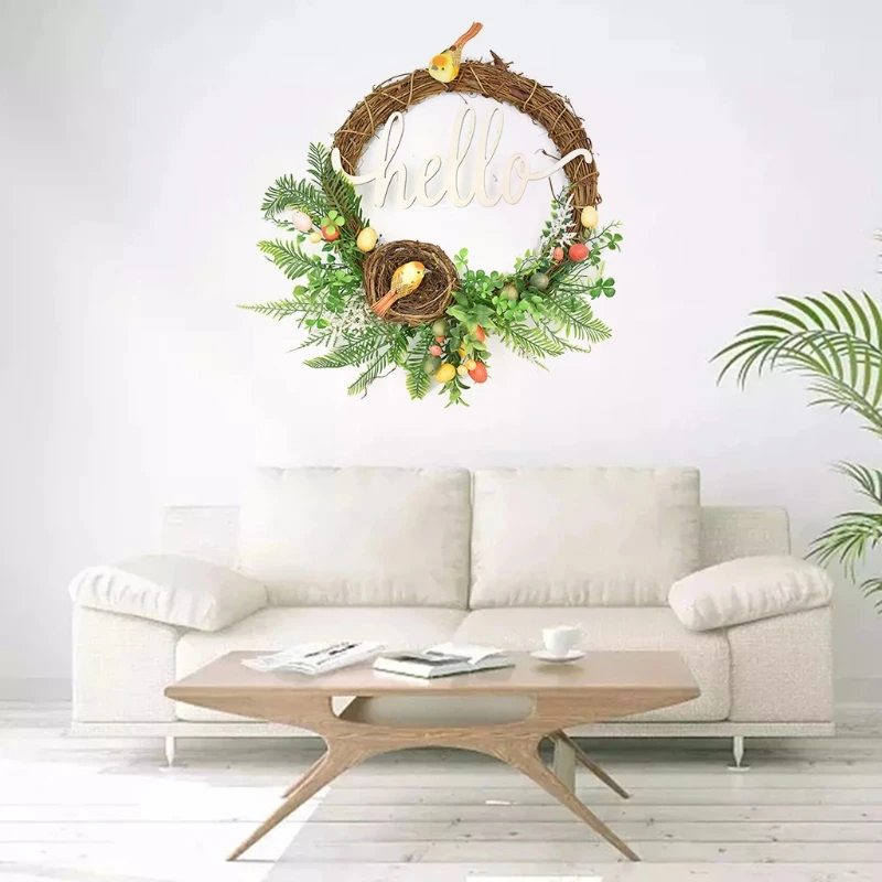 

Easter Wreath Eggs Garland Bird's Nest Forest Green Leaf Festival Door Hanging Decoration