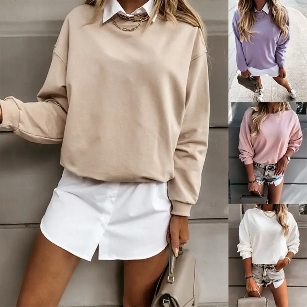 

Women Autumn Solid Color O Neck Long Sleeve Loose Pullover Sweatshirt Blouse fashion thin pullover Ladies winter Sweatshirt