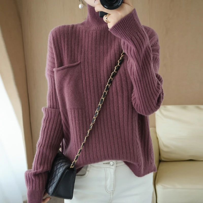 

natural wool turtleneck sweater women pullover sweaters with pocket female winter warm jacket thick girls casual loose sweater