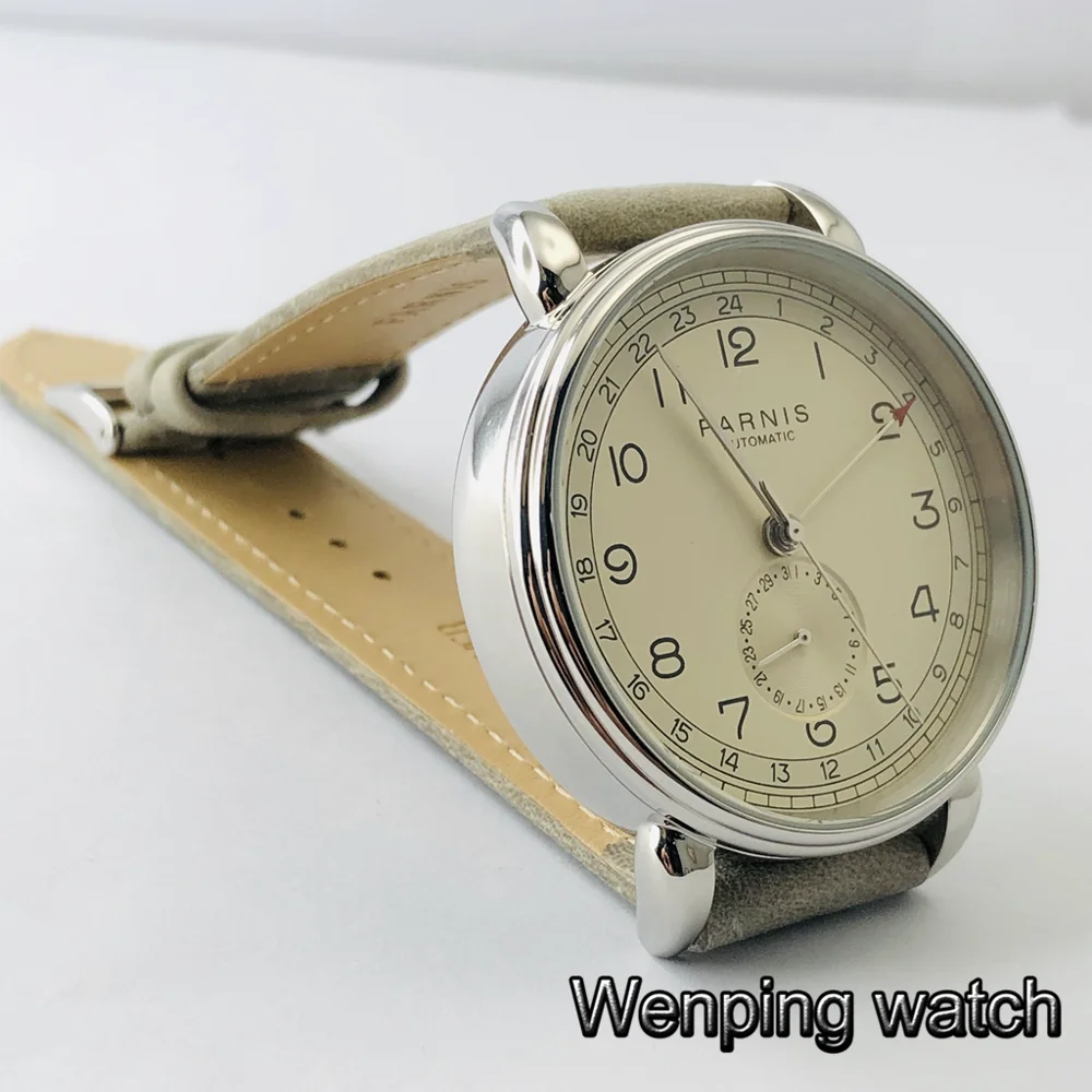 Цена Новинка Parnis 42 мм GMT Серебряный чехол Арабская марка Дата Окно кожаный ремешок мужские повседневные автоматические механические часы
