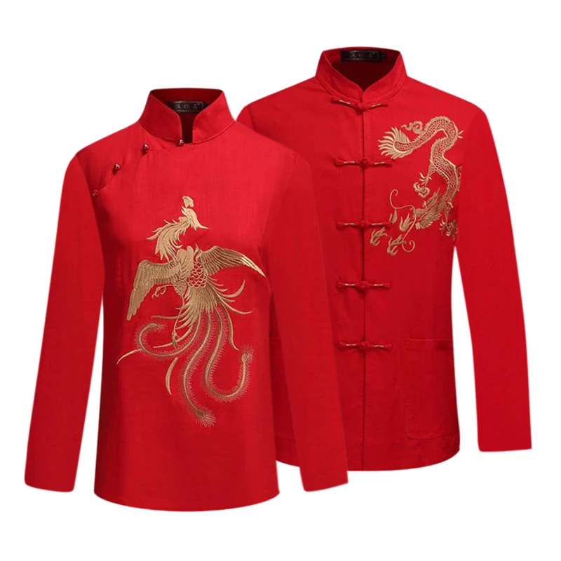 Grandparents golden wedding birthday party couple Tang suit long-sleeved chinese top shirt red dragon and Phoenix clothes | Тематическая