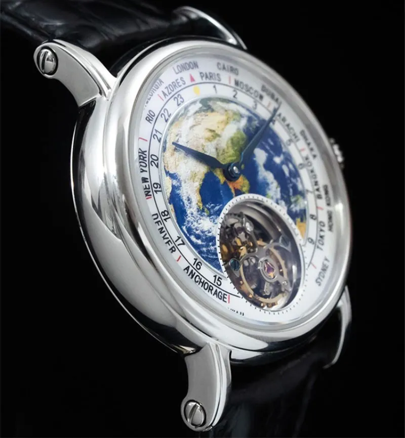 Top Brand Luxury Men Tourbillon Watches Male Sapphire Clock 3D Earth Enamel Dial ST8000 Mens Mechanical Watch Crocodile Leather