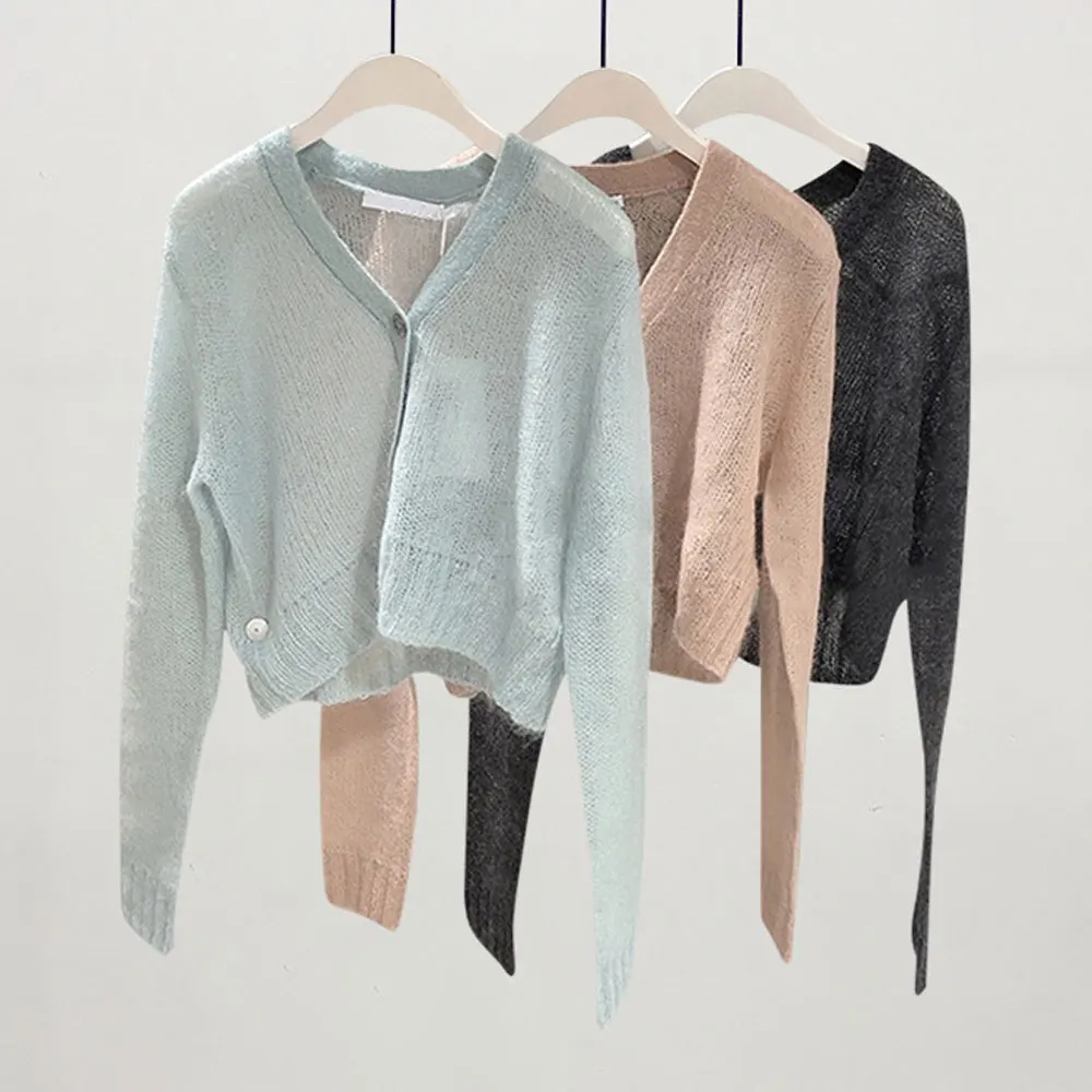 

Mohair blend women cardigan sweater high quality v-neck long sleeve casual wild lady knit sweater 2021 new