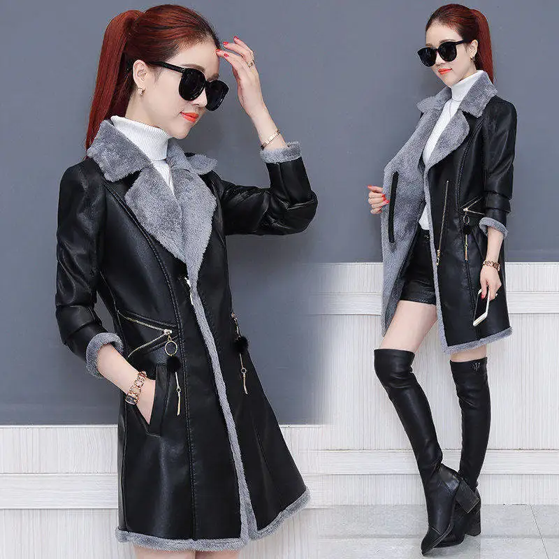 Кожаные женские длинные пальто осенние и зимние теплые тонкие куртки кожаные