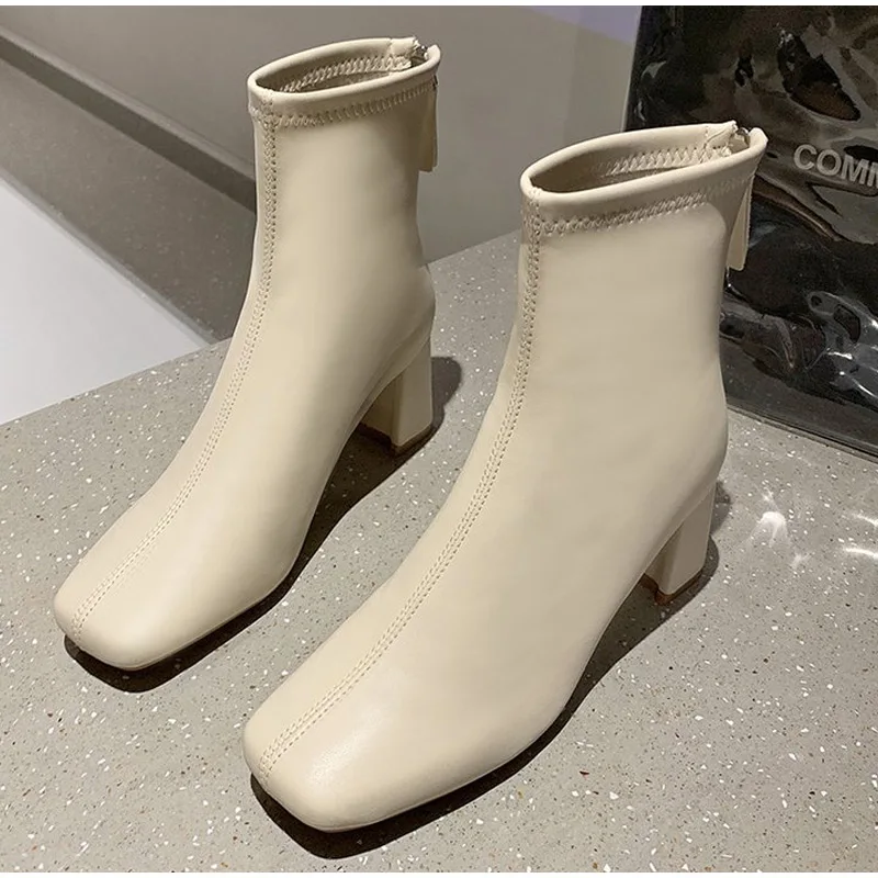 

Fashion Women's Short Boots Soft PU Leather Square Heels Ladies Pumps Autumn Zipper Ankle Boots For Woman 2022 Winter Shoes New