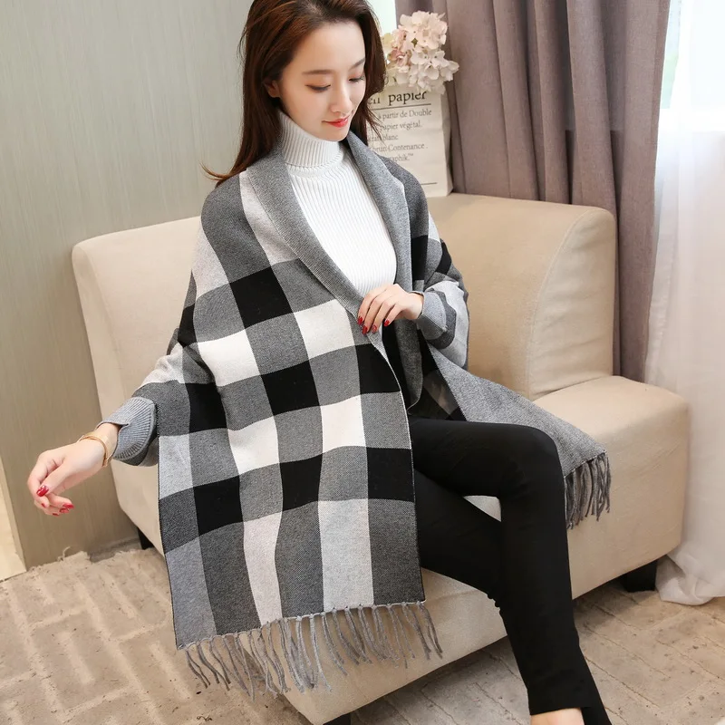 Плащ с кисточками шаль пальто женский осенний и зимний Корейский клетчатый