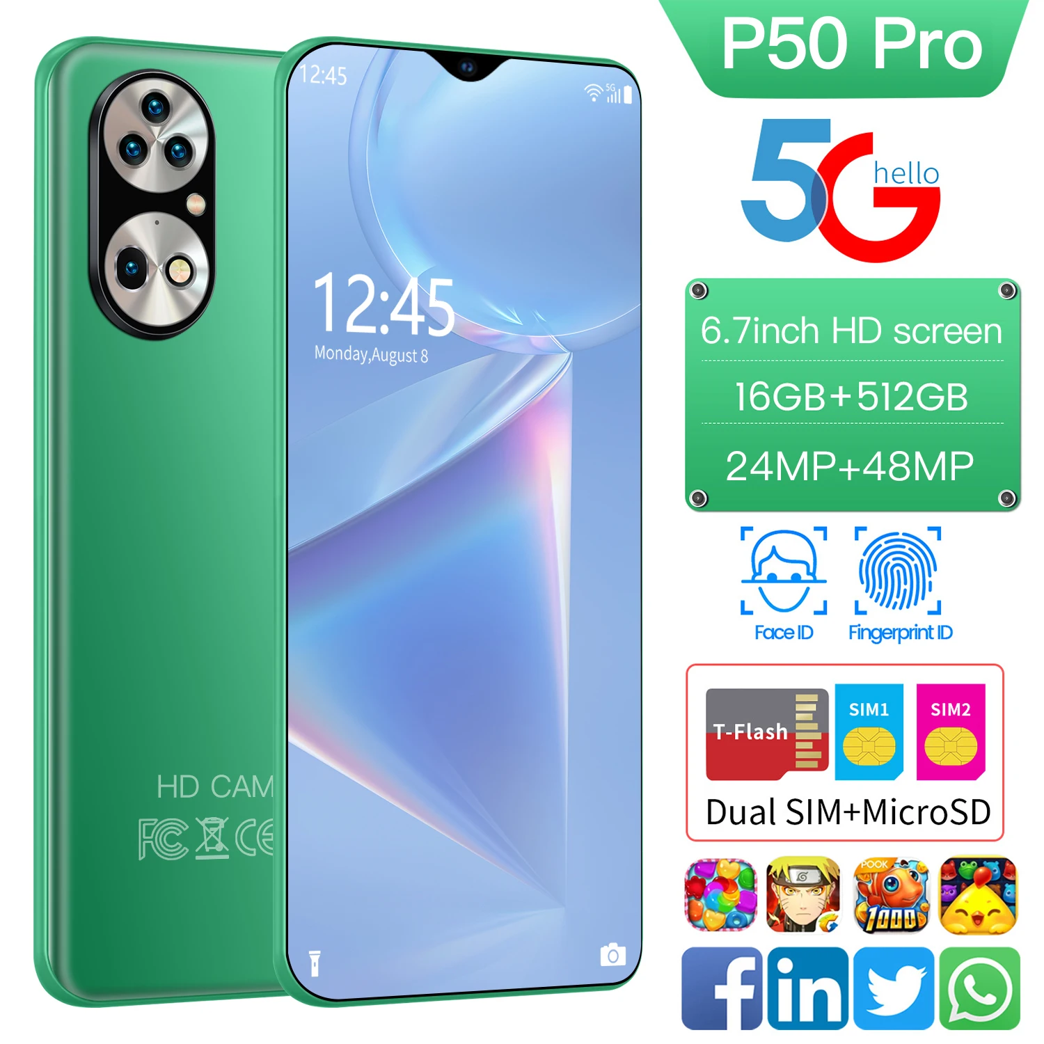 

Full Display 6.7-inch P50 Pro Global Version Mobile Phone 16GB+512GB 6000mah Android Telefons Camera Power Storage 5G Smartphone