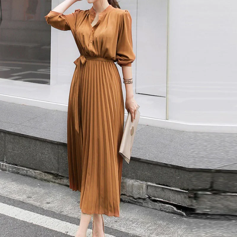 

Elegant Pleated Chiffon Women Long Dress 2021 Spring Summer O-neck Sashes Ladies Maxi Dress Casual Femme Long Sleeve Vestidos