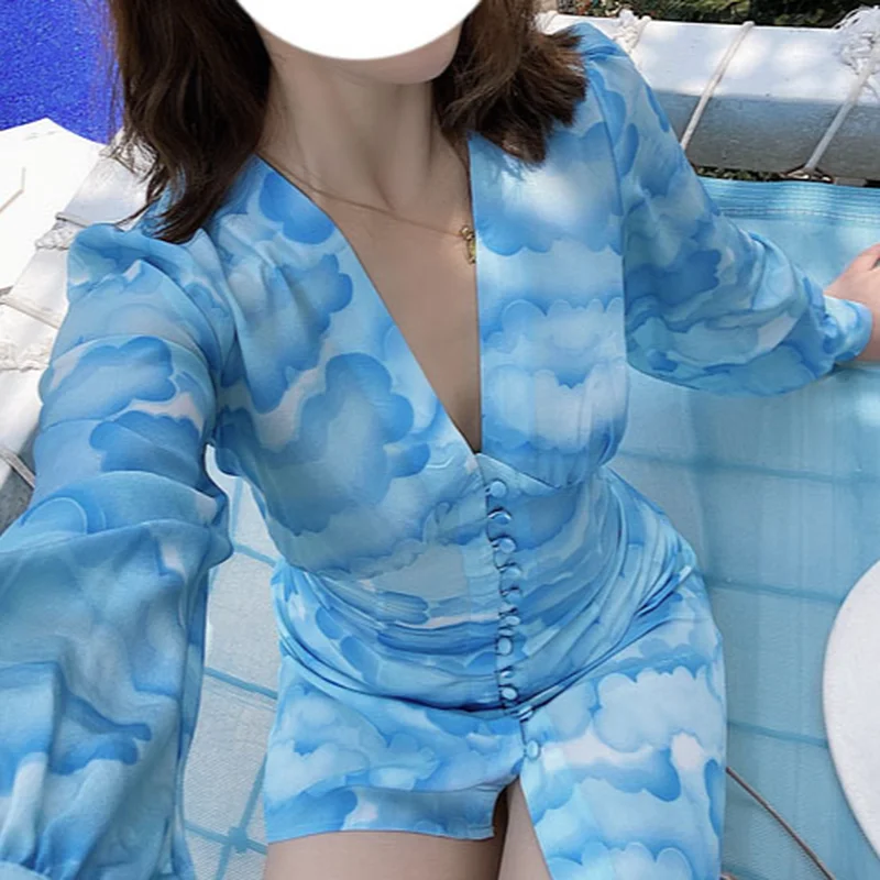 

Temperament slim blue sky and white clouds print crepe de chine deep v thin fashion short skirt women's 2021Dresses for Women