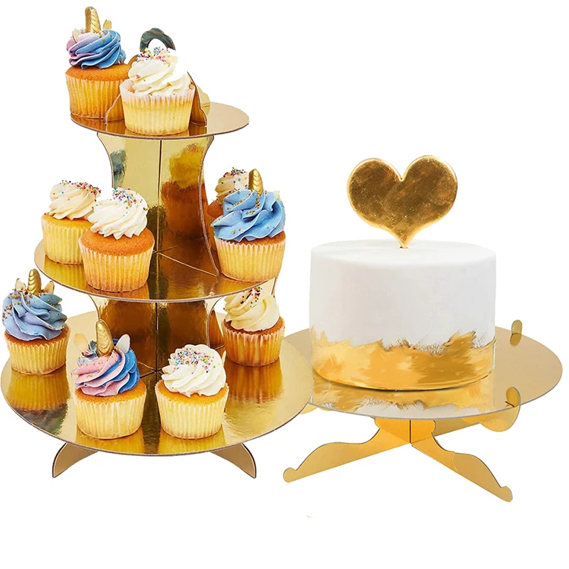 

Gold Cake Cupcake Stand 3 Tier Cardboard Food Dessert Stand for Display Afternoon Tea Birthday Party Events Decoration