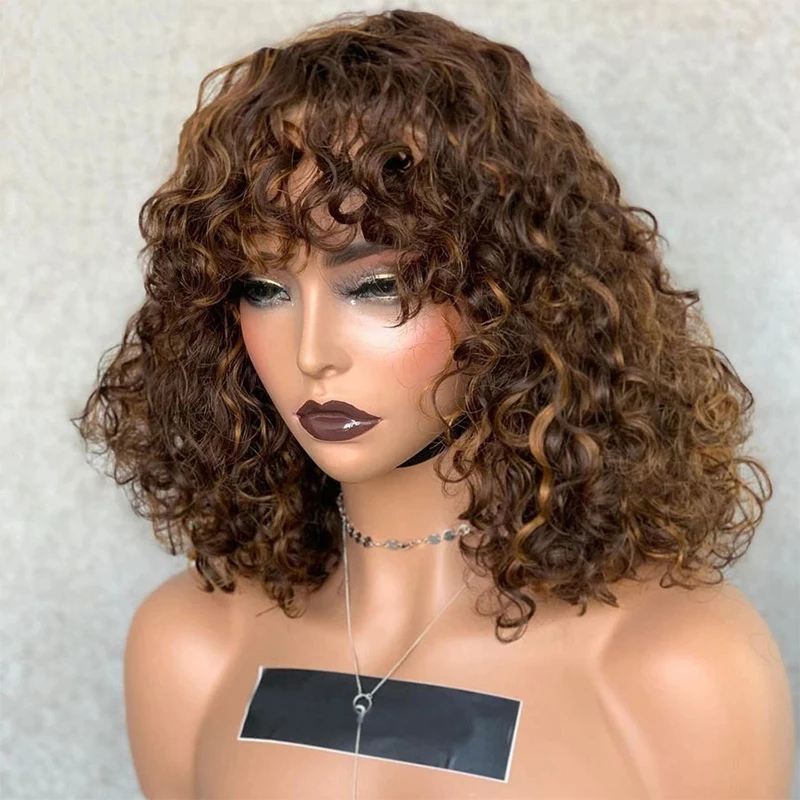 

Highlight Wig Human Hair Deep Wave Full Machine Made Wig With Bangs Glueless Human Hair Wigs Brown Color 180% FlowerSeason