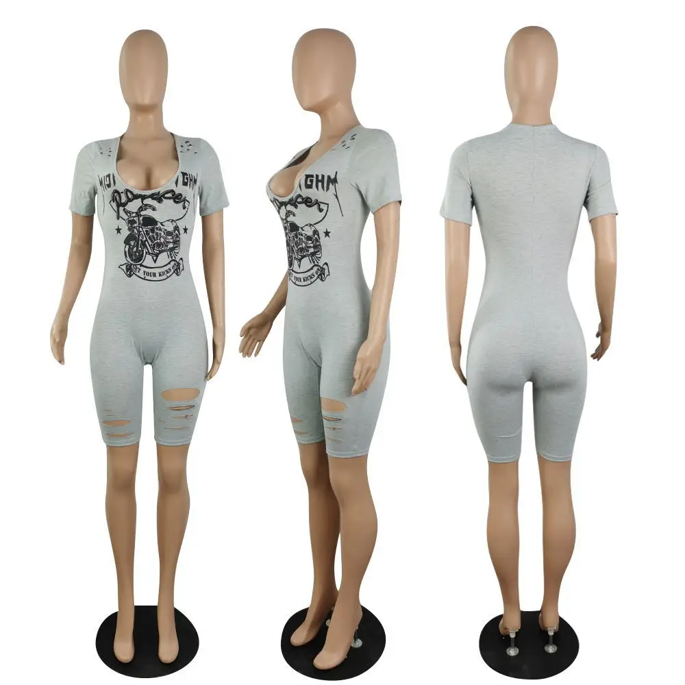

Fitness Summer Streetwear Jumpsuit Casual Cartoons Print Short Sleeve V Neck Hollow Out Playsuit Women Outfit Party Club Rompers